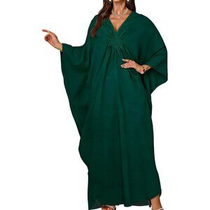 Women's Dark Green V-Neck Batwing Sleeves Beach Smocked Waist Maxi Kaftan Dress